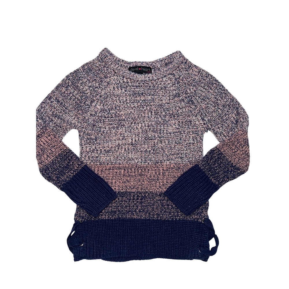 Derek Heart Girl XL 16 Colorblock Ombre Knit Lace Up Side Sweater Navy Pink